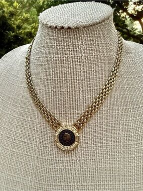 Vintage 90s Roman Coin Medallion Collar Necklace Gold Flat Link Mesh Crystal